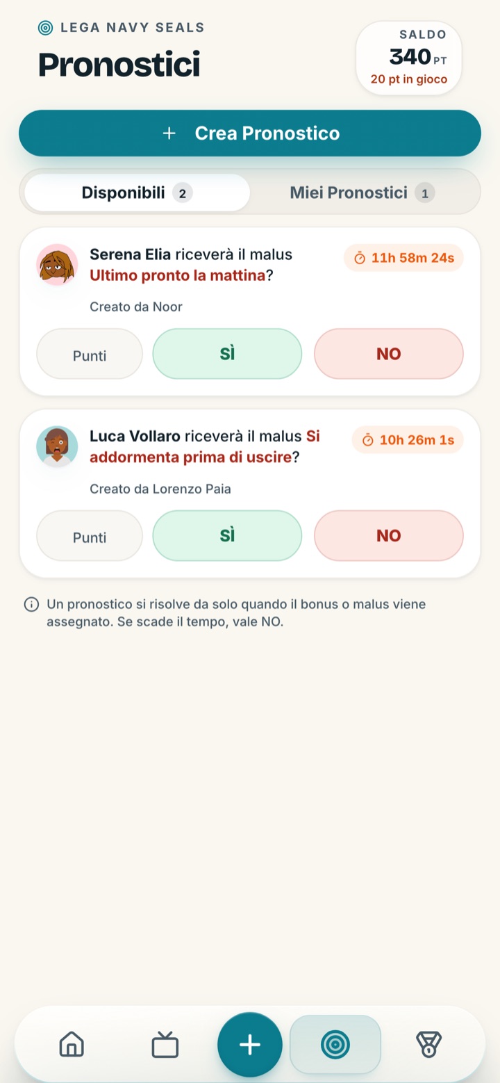 Schermata pronostici dell'app FantaViaggi